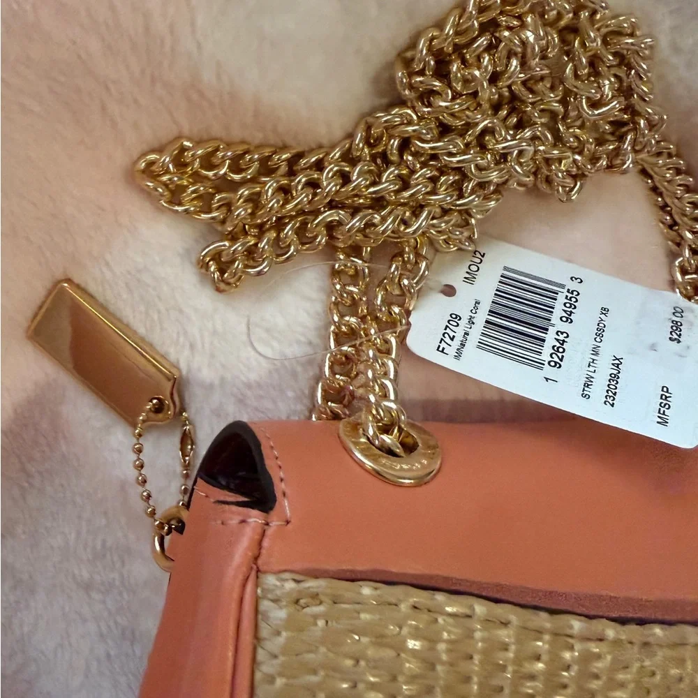 Coach Coral Pink Straw Crossbody‎ Bag with Gold Chain